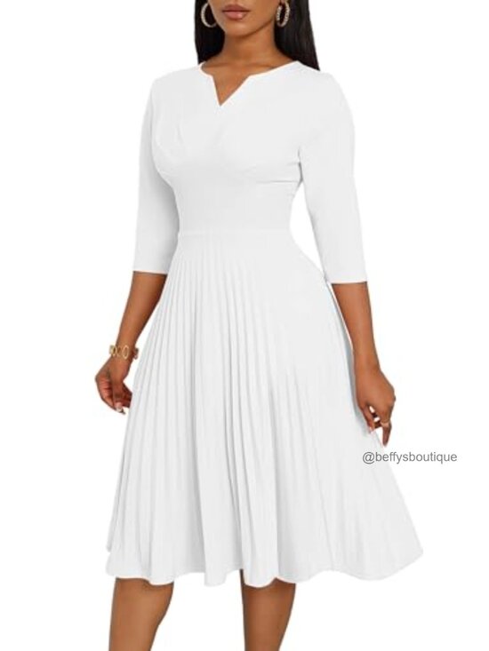 Dresses & Skirts - Midi Dress, 3/4 Sleeve A-Line Pleated V-Neck Cocktail Wedding Guest Dress